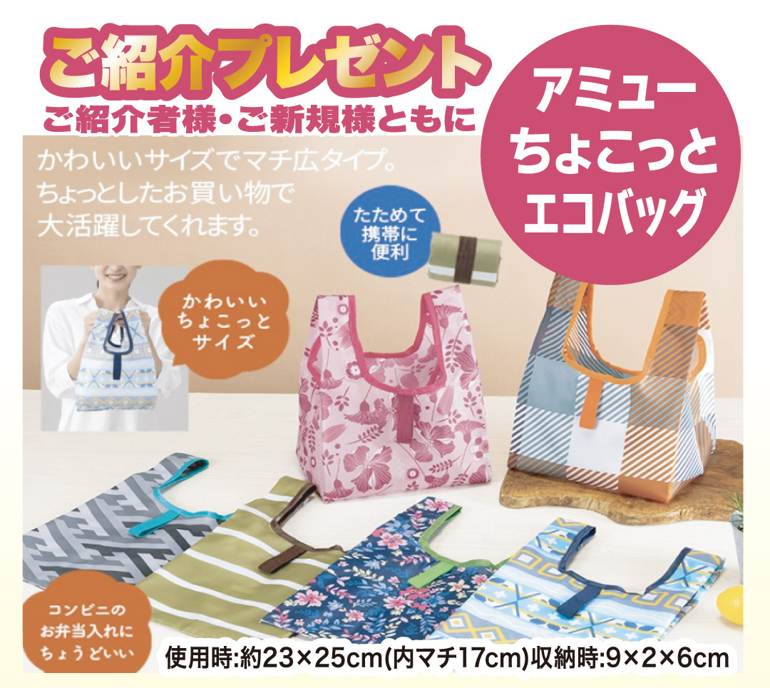 ご紹介プレゼントご紹介者様・ご新規様ともにアミューちょこっとエコバッグ